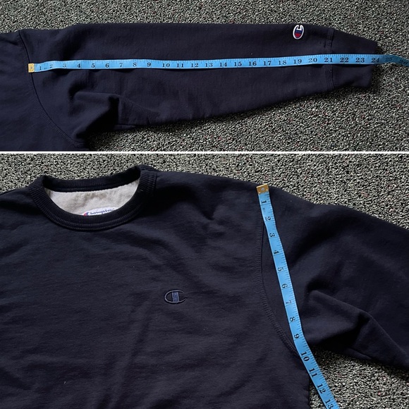 CHAMPION Cropped Raw Hem Navy Blue Crewneck Baggy Sweatshirt Sweater Top Sz M - Picture 15 of 16